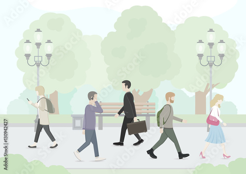 People walking after work. People use mobile phone. Summertime season. View of City Park. Vector flat illustration.