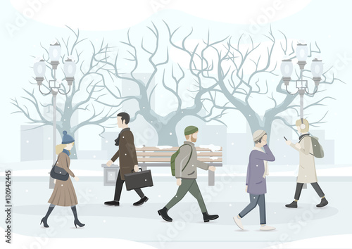 People walking after work. People use mobile phone. Wintertime season. View of City Park. Vector flat illustration.