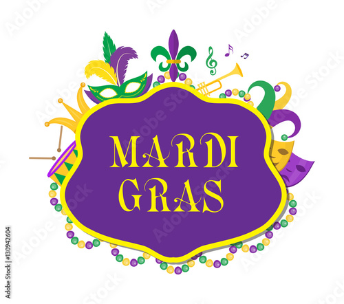 Mardi Gras poster with mask  beads  trumpet  drum  fleur de lis  jester hat  masks  comedy and drama. Mardi Gras Carnival template  flyer  invitation. Fat Tuesday background Vector illustration