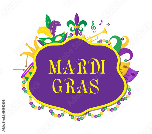 Mardi Gras poster with mask, beads, trumpet, drum, fleur de lis, jester hat, masks, comedy and drama. Mardi Gras Carnival template, flyer, invitation. Fat Tuesday background Vector illustration