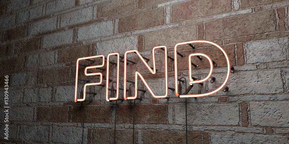 FIND - Glowing Neon Sign on stonework wall - 3D rendered royalty free stock illustration. Can be used for online banner ads and direct mailers.. FIND - Glowing Neon Sign on stonework wall - 3D rendered royalty free stock illustration. Can be used for online banner ads and direct mailers..