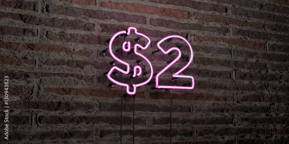 $2 -Realistic Neon Sign on Brick Wall background - 3D rendered royalty ...