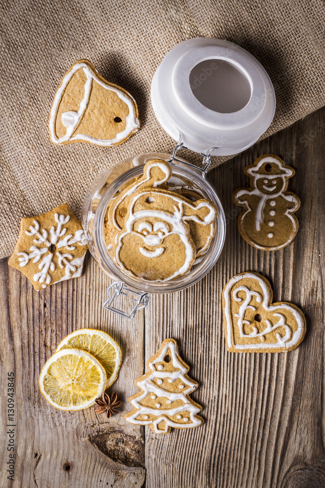 Fototapeta premium Christmas cookies in a glass jar