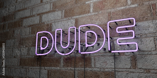 DUDE - Glowing Neon Sign on stonework wall - 3D rendered royalty free stock illustration.  Can be used for online banner ads and direct mailers..