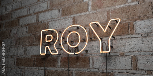 ROY - Glowing Neon Sign on stonework wall - 3D rendered royalty free stock illustration. Can be used for online banner ads and direct mailers..