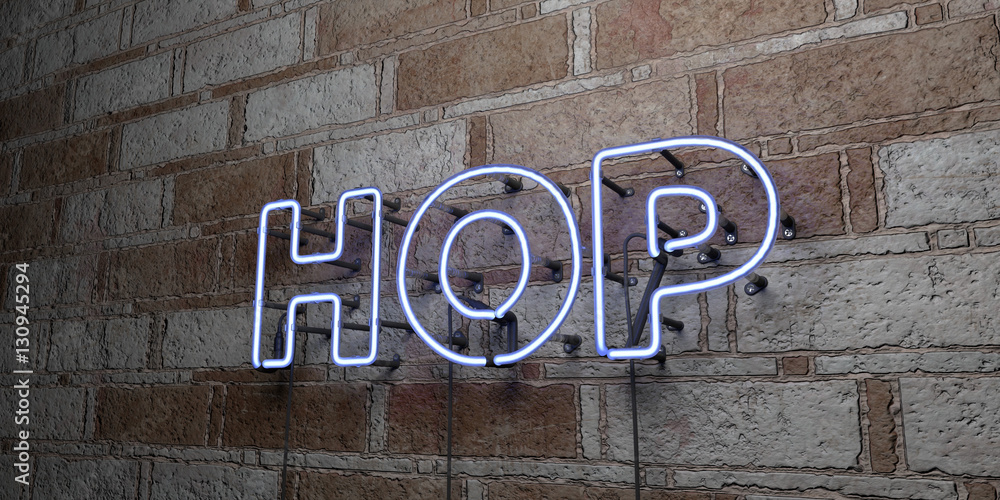 HOP - Glowing Neon Sign on stonework wall - 3D rendered royalty free stock illustration. Can be used for online banner ads and direct mailers.. HOP - Glowing Neon Sign on stonework wall - 3D rendered royalty free stock illustration. Can be used for online banner ads and direct mailers..