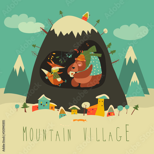 Snow covered village by the mountain with bear and fox inside the cave