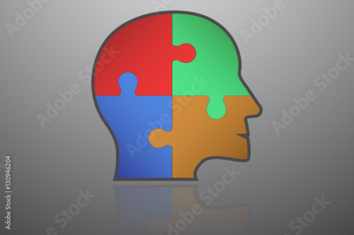 Business infographic element. Head shape icon with flat color puzzle pieces inside. Connected jigsaw in shape of human head with thick stroke with own reflection.