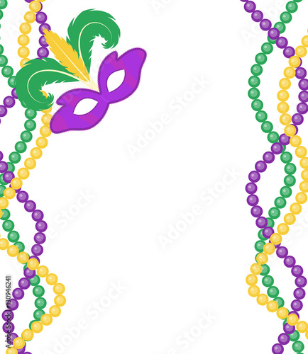 Mardi Gras beads colored frame with a mask, isolated on white background. Mardi Gras template poster. Vector illustration