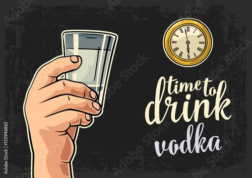 Male hand holding glass vodka and antique pocket watch