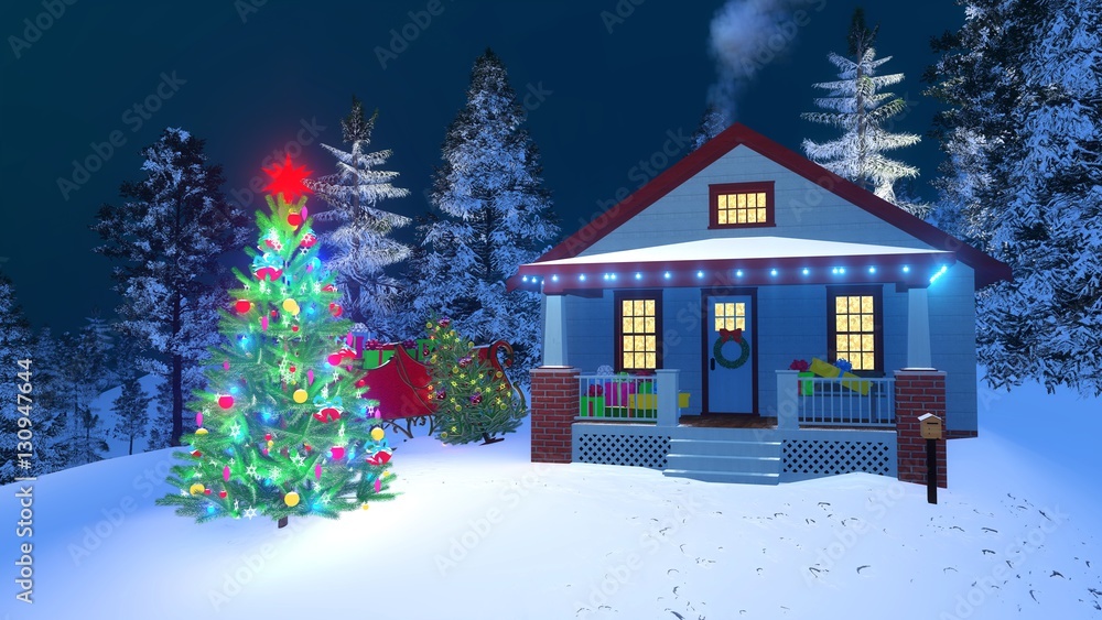 Traditional American house with gift boxes on its porch, christmas lights,  smoking chimney and outdoor decorated Christmas tree at winter night.  Decorative 3D illustration. Stock Photo | Adobe Stock