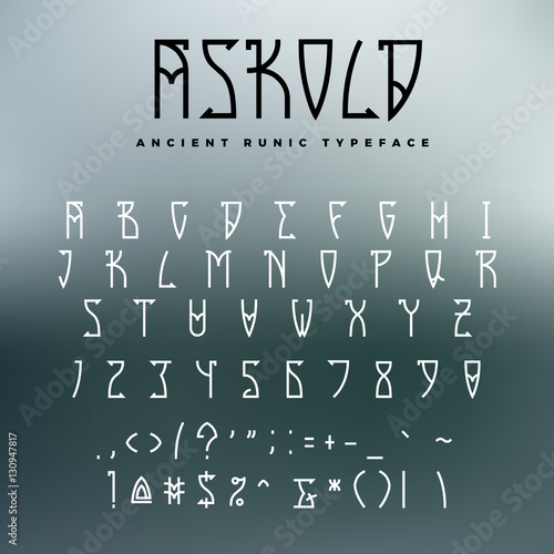 Celtic or runic typeface with uppercase letters, numbers and additional symbols. Slub serif font perfect for headers, games or metal albums.