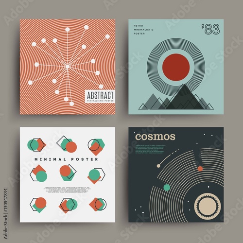 Retro futuristic minimalistic poster with geometric figures and muted colors