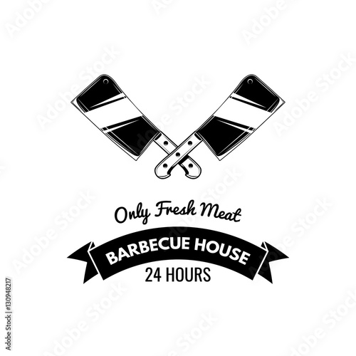 BBQ House vintage Label. Typography letterpress design. With sunbursts, isolated