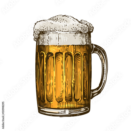 Beer in glass mug with foam. Hand drawn vector illustration