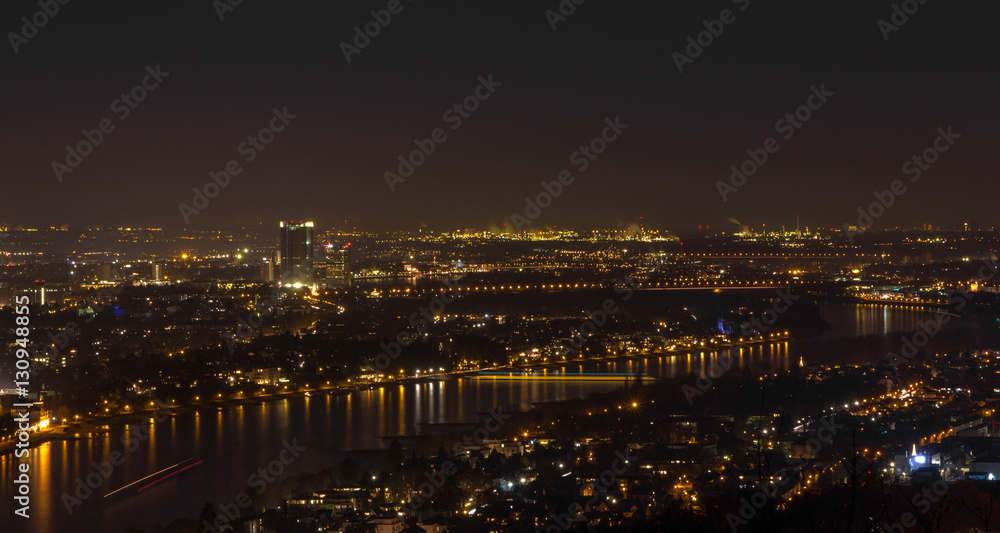Nachtaufnahme aus der Höhe zum Rhein herunter 