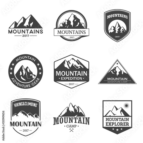 Mountain travel, outdoor adventures logo set. Hiking and climbing labels or icons for tourism organizations, events, camping leisure.