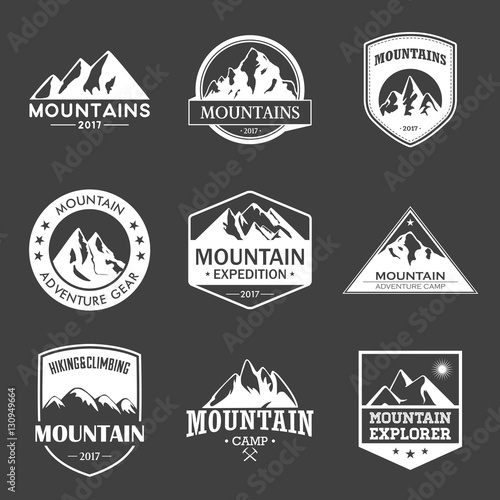 Mountain travel, outdoor adventures logo set. Hiking and climbing labels or icons for tourism organizations, events, camping leisure.