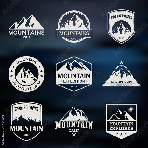 Mountain travel, outdoor adventures logo set. Hiking and climbing labels or icons for tourism organizations, events, camping leisure.