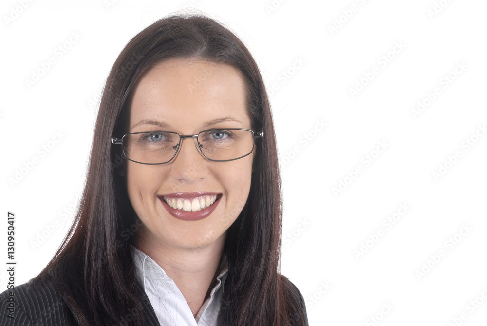 Female lawyer secretary receptionist or young professional woman wearing suit and glasses smiling looking at camera isolated on white background photo