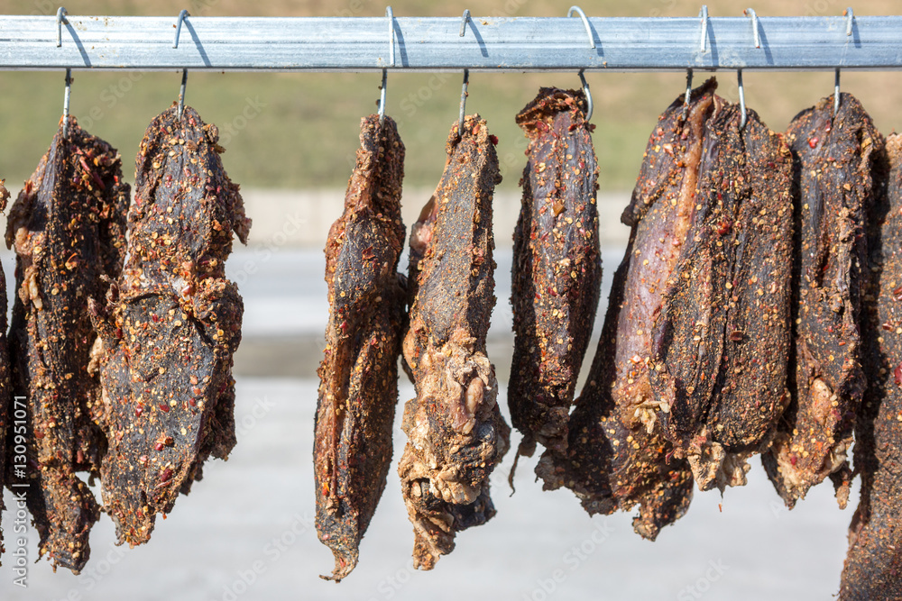 Dried yak meat in process foto de Stock Adobe Stock