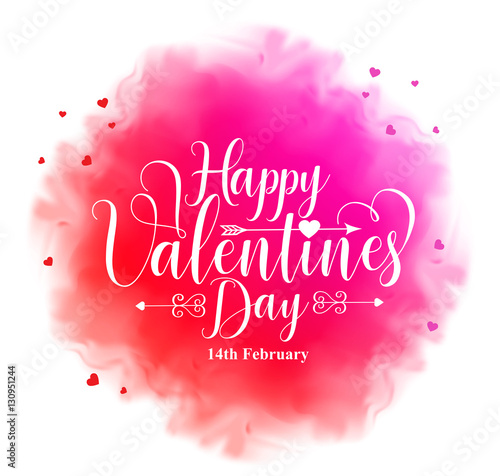 Happy valentines day calligraphy text in colorful watercolor like texture with hearts elements in white background. Vector illustration.
