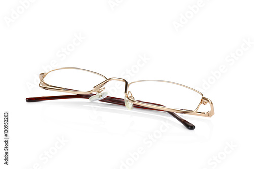 Close up view of modern glasses on light background