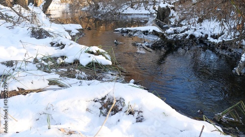 Forest river flowing water late nature winter melted ice landscape, arrival of spring