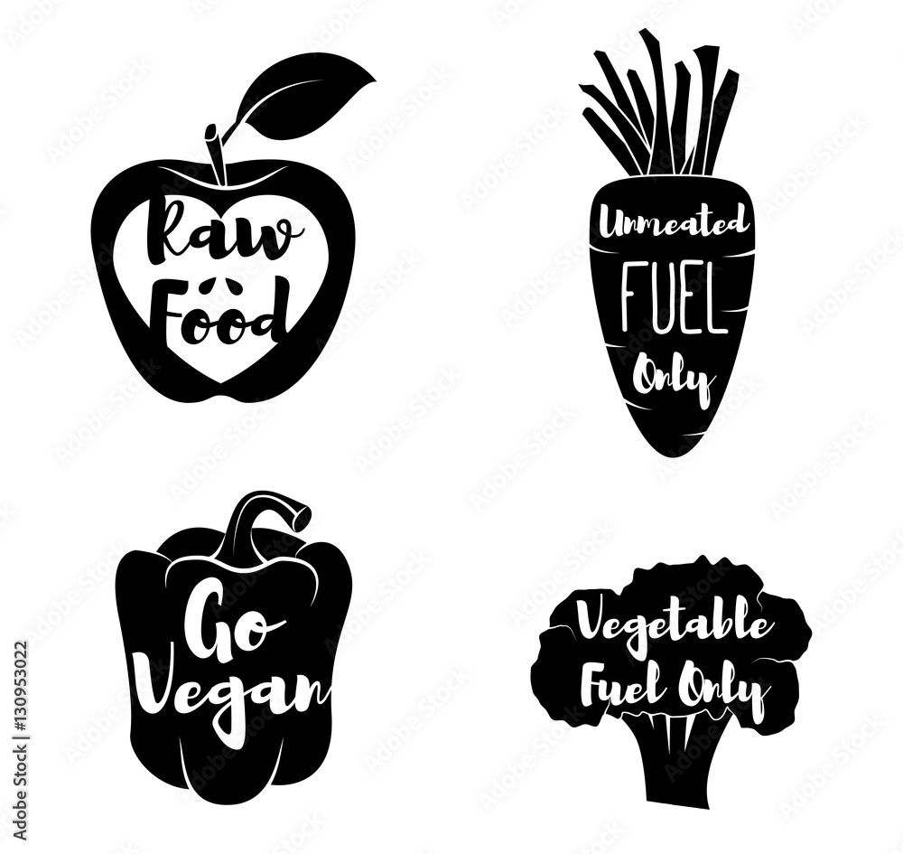 Obraz premium Vegan Labels set. - Cocept. doodle - Sweet Pepper. Red Apple. Green Broccoli. Carrot. Vector Illustration