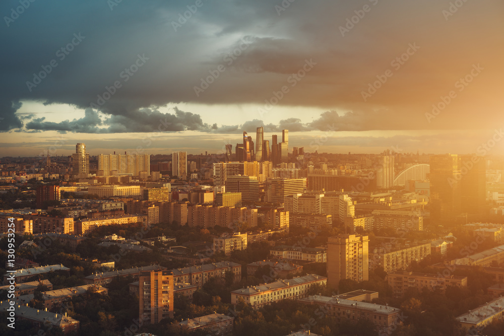 Fototapeta premium View from top of cityscape, residential buildings, park areas, group of 