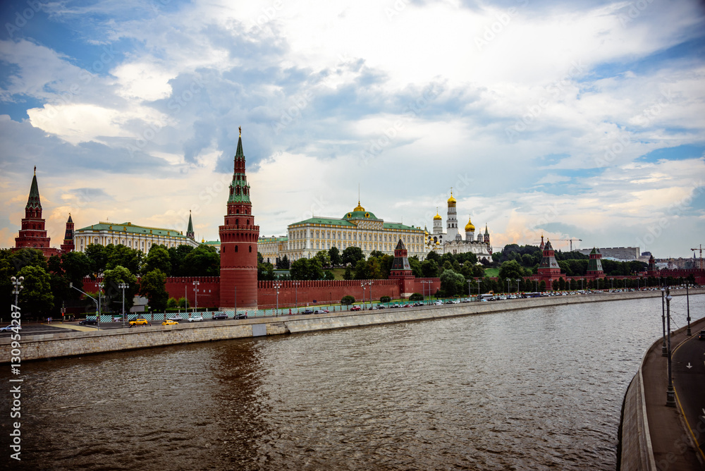 View on the Moscow Kremlin and Kremlin embankment from the Greater Stone Bridge, Moscow, Russia