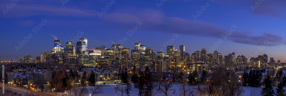 Sweeping skyline view at sunset on December 17, 2016 in Calgary, Alberta. Calgary is home to many oil companies. 