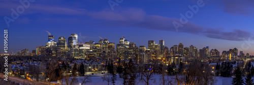 Sweeping skyline view at sunset on December 17, 2016 in Calgary, Alberta. Calgary is home to many oil companies. 