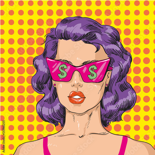 Vector Illustration of woman in pink sunglasses with dollar sign