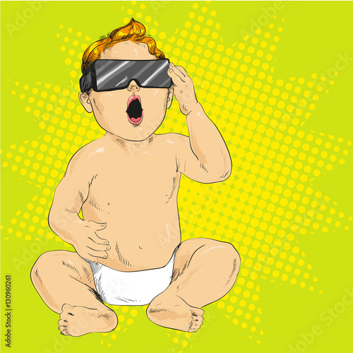 Vector illustration of baby in 3d anaglyph glasses, pop art