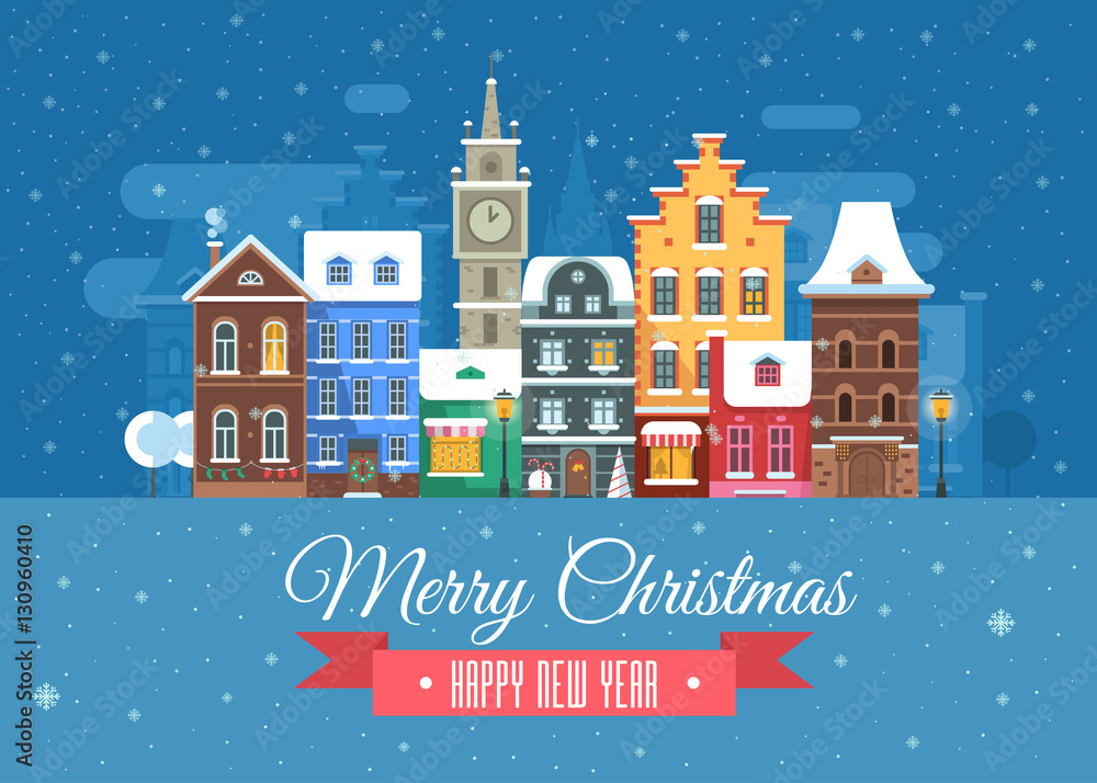 Vector Christmas wishing card with traditional celebrating text. Merry Christmas and Happy New Year greetings card with Europe snow city background. Winter holidays congratulation template in flat.
