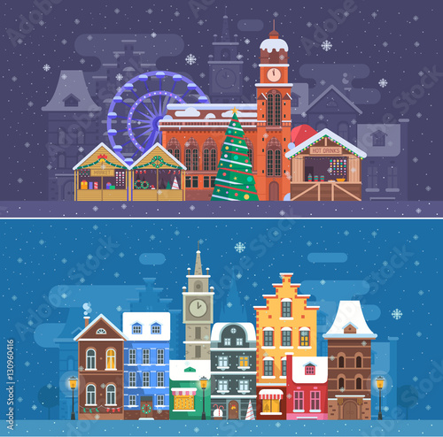 Snow city landscapes with winter Europe town and christmas market. Winter fair festival banner with cathedral building and New Year stalls. Snowy street with colorful houses on snowfall background.