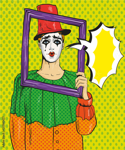 Vector illustration of Pierrot, picture frame, pop art comic style.