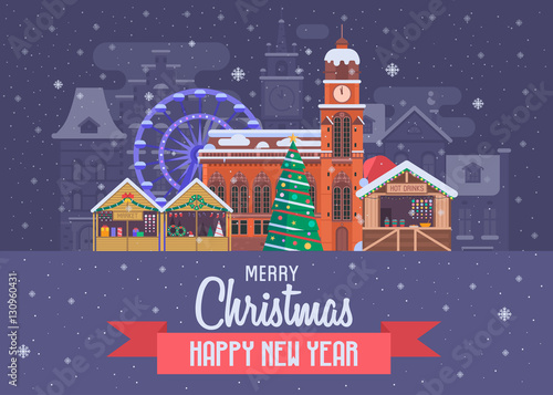 Vector Christmas wishing card with traditional celebrating text. Merry Christmas and Happy New Year greetings postcard with festive city background. Winter holidays congratulation template in flat.