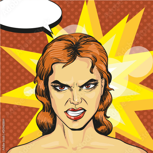 Vector illustration of angry, infuriated woman in pop art style