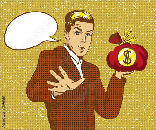 Vector illustration of happy businessman holding money bag, pop art