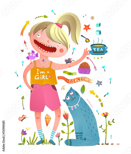Girl and pet cat drinking tea girlish design elements