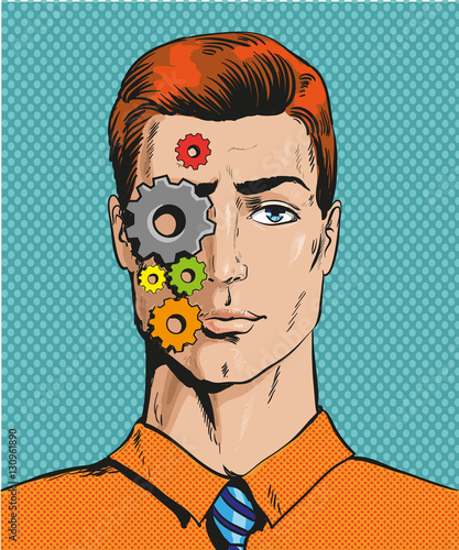 Vector illustration of man with cogwheels on face, pop art