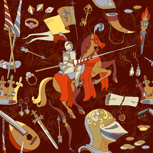 Medieval seamless pattern, knight on horse, ancient weapons