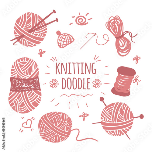 Knitting doodle icons set. Icons and logos set for sewing and knitting studio. Knitting and crochet set of icons. Hand drawn knitting collection.