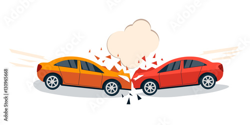 Fototapeta Naklejka Na Ścianę i Meble -  Car accident comic style vector illustration. Two cars hit head-on. Car accident flat design. Car crash banner.