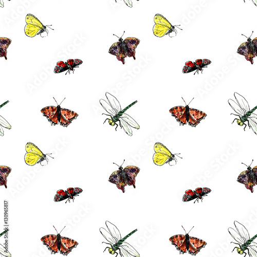 seamless pattern with watercolor drawing insects