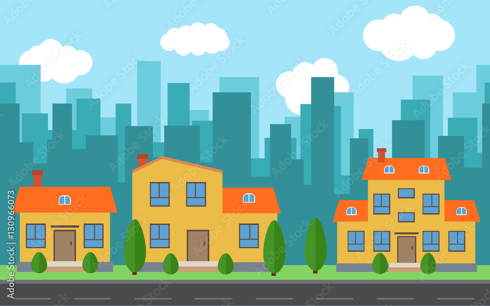 Vector city with cartoon houses and buildings. City space with road on flat style background concept. Summer urban landscape. Street view with cityscape on a background
