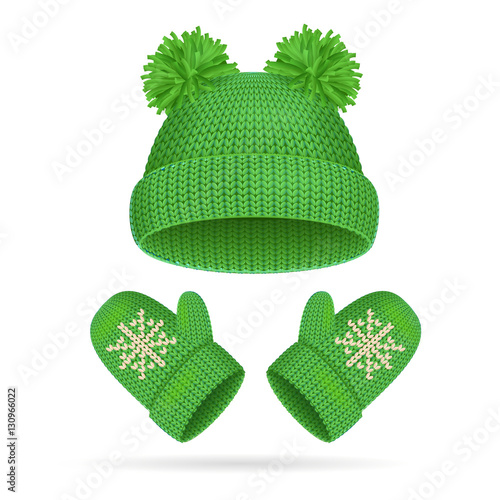 Hat with a Pompom and Mitten Set. Vector