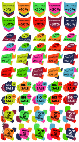 Set of Sale Discount Labels, Tags, Emblems. Web collection of stickers and badges for sale. Isolated vector illustration. 